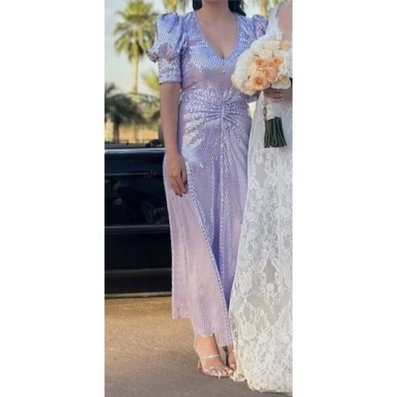ROTATE Sierina Ruched Puff Sleeve Metallic Midi Dress in Purple Size US 0 - Picture 16 of 16
